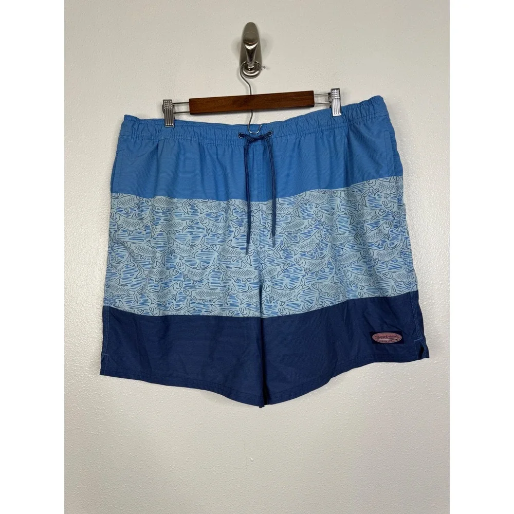 Vineyard Vines Mens XL Blue Colorblock Fish Print Swim Trunks Board Shorts